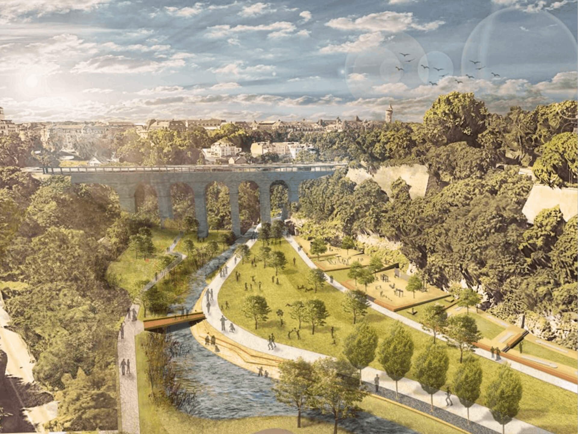 Projection du projet de renaturation de la vallée de la Pétrusse à Luxembourg. © Ville de Luxembourg, Förder Landschaftsarchitekten, TR-Engineering
