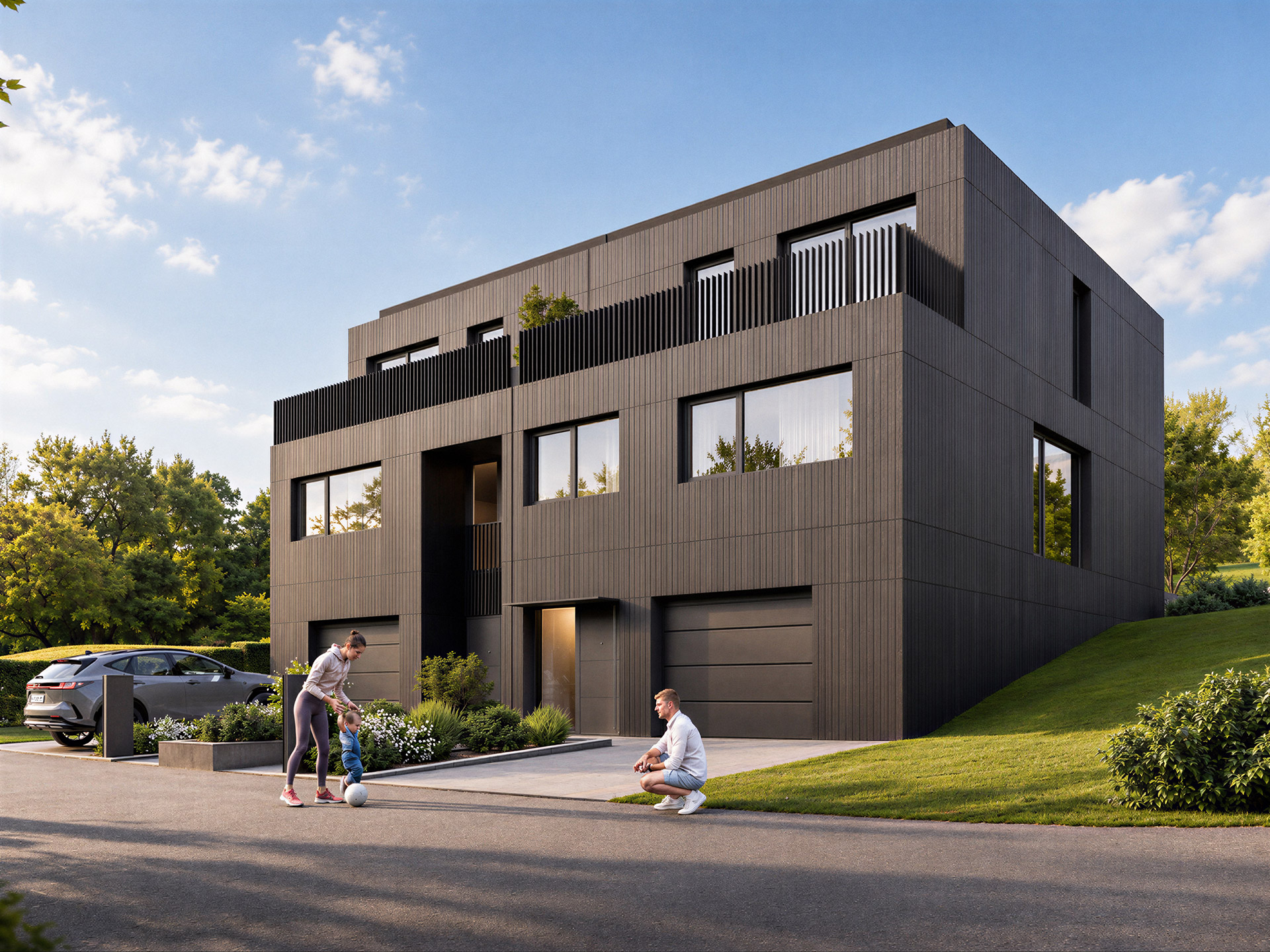 Façade avant d'une maison Op Pelgert avec entrée, deux garages et terrasse à l'étage, une famille devant la maison.