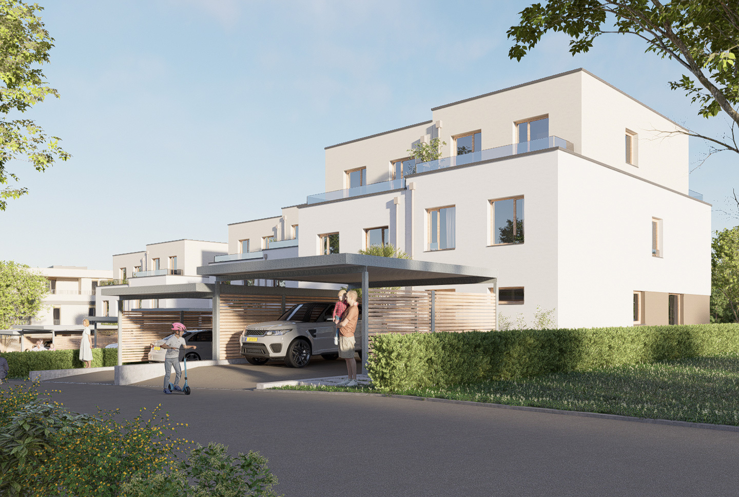 Maisons jumelées aux couleurs claires et naturelles avec carport