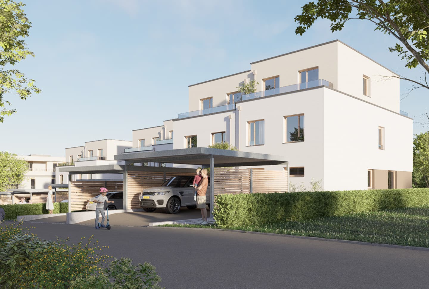 Maisons jumelées aux couleurs claires et naturelles avec carport
